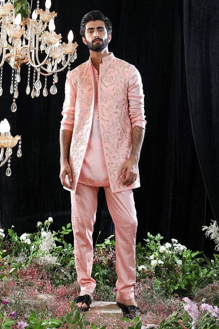 Mahima Mahajan_Pink Satin Organza, Textured And Glace Lucus Embroidered Bundi And Kurta Set _Online_at_Aza_Fashions