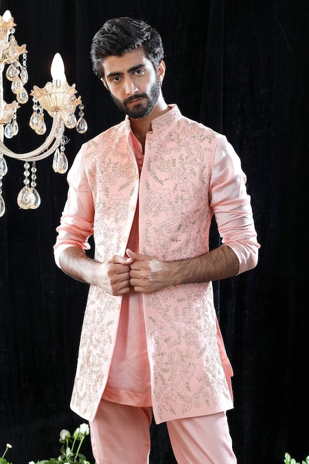 Buy_Mahima Mahajan_Pink Satin Organza, Textured And Glace Lucus Embroidered Bundi And Kurta Set _Online_at_Aza_Fashions
