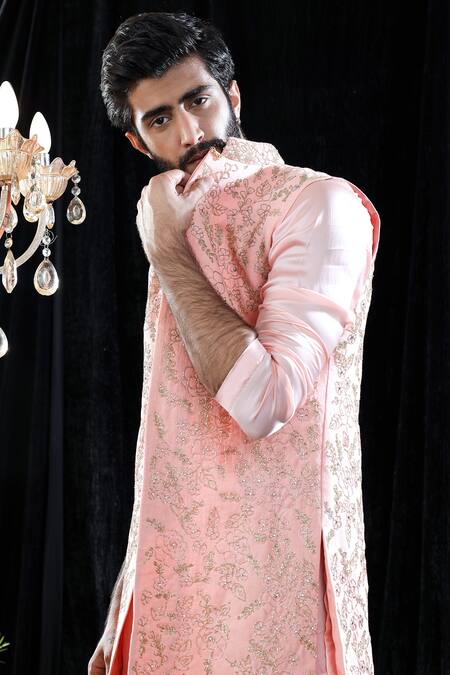 Shop_Mahima Mahajan_Pink Satin Organza, Textured And Glace Lucus Embroidered Bundi And Kurta Set _Online_at_Aza_Fashions