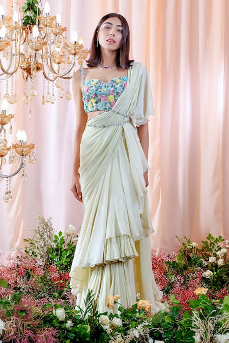 Shop_Mahima Mahajan_Blue Organza, Net, Georgette, Lining Lea Pre-draped Ruffle Saree With Blouse _at_Aza_Fashions