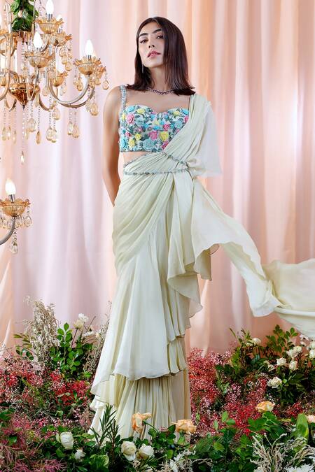 Mahima Mahajan_Blue Organza, Net, Georgette, Lining Lea Pre-draped Ruffle Saree With Blouse _Online_at_Aza_Fashions