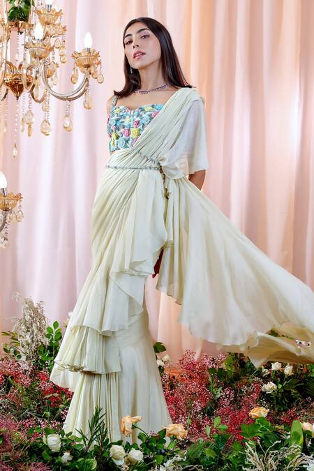 Buy_Mahima Mahajan_Blue Organza, Net, Georgette, Lining Lea Pre-draped Ruffle Saree With Blouse _Online_at_Aza_Fashions