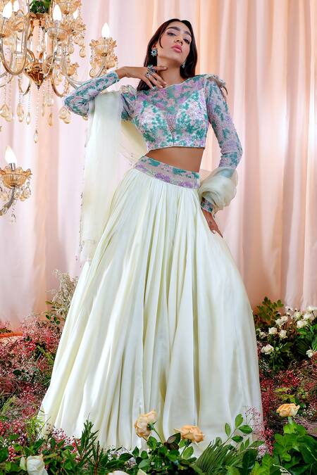 Mahima Mahajan_Blue Organza, Satin Organza, Lining Shantoon Floral Caroline Lehenga Set _Online_at_Aza_Fashions