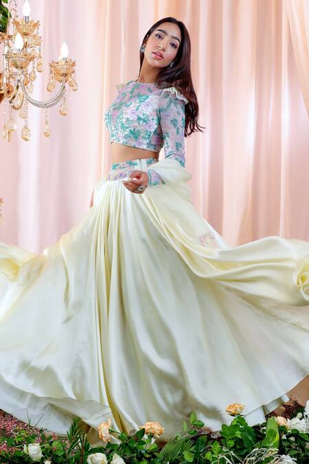 Buy_Mahima Mahajan_Blue Organza, Satin Organza, Lining Shantoon Floral Caroline Lehenga Set _Online_at_Aza_Fashions