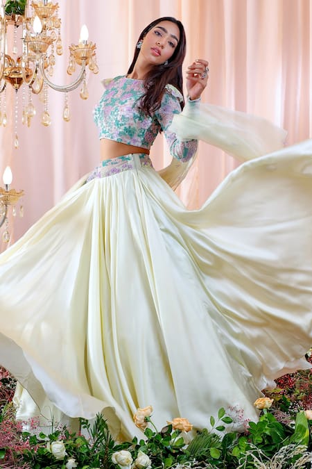 Shop_Mahima Mahajan_Blue Organza, Satin Organza, Lining Shantoon Floral Caroline Lehenga Set _Online_at_Aza_Fashions