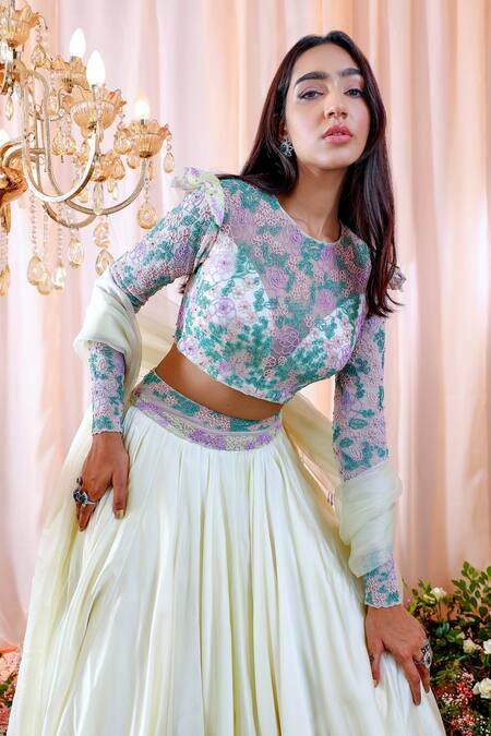 Mahima Mahajan_Blue Organza, Satin Organza, Lining Shantoon Floral Caroline Lehenga Set _at_Aza_Fashions