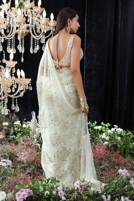 Shop_Mahima Mahajan_Blue Organza, Lining Shantoon Marylyn Hand Embroidered Saree With Blouse _at_Aza_Fashions