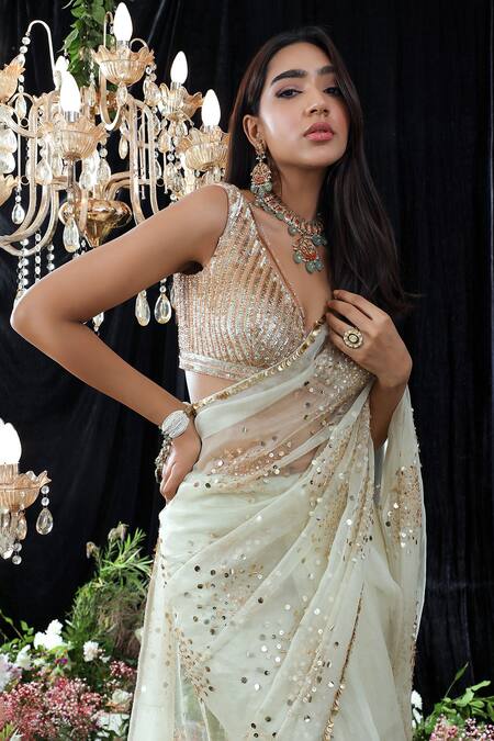 Shop_Mahima Mahajan_Blue Organza, Lining Shantoon Marylyn Hand Embroidered Saree With Blouse _Online_at_Aza_Fashions