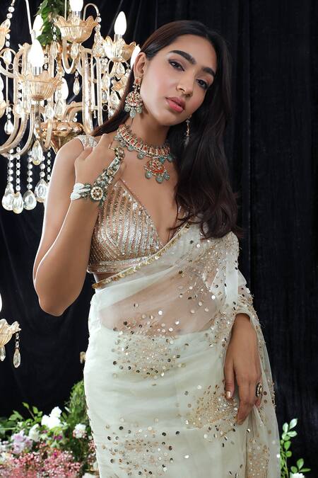 Mahima Mahajan_Blue Organza, Lining Shantoon Marylyn Hand Embroidered Saree With Blouse _at_Aza_Fashions
