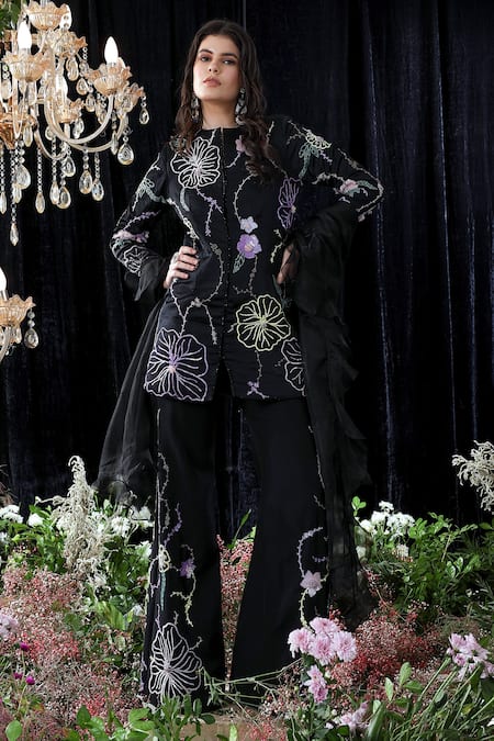 Mahima Mahajan Black Organza, Satin Organza, Banana Emily Hand Embroidered Jacket Pant Set Online at Aza Fashions Mahima Mahajan_Black Organza, Satin Organza, Banana Emily Hand Embroidered Jacket Pant Set _Online_at_Aza_Fashions