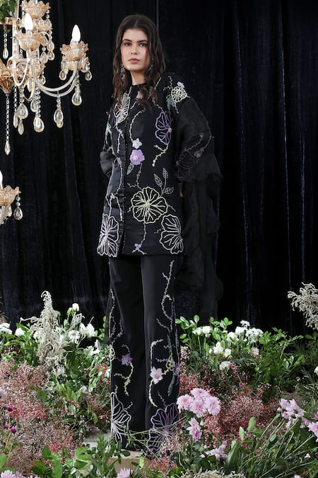 Buy Mahima Mahajan Black Organza, Satin Organza, Banana Emily Hand Embroidered Jacket Pant Set Online at Aza Fashions Buy_Mahima Mahajan_Black Organza, Satin Organza, Banana Emily Hand Embroidered Jacket Pant Set _Online_at_Aza_Fashions