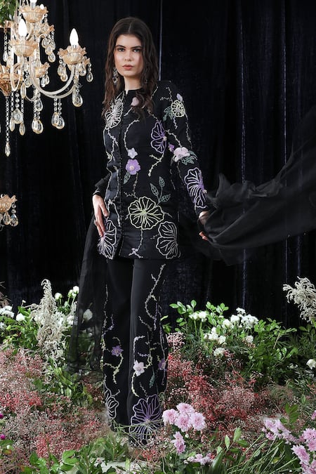 Shop Mahima Mahajan Black Organza, Satin Organza, Banana Emily Hand Embroidered Jacket Pant Set Online at Aza Fashions Shop_Mahima Mahajan_Black Organza, Satin Organza, Banana Emily Hand Embroidered Jacket Pant Set _Online_at_Aza_Fashions