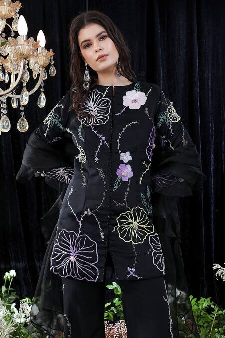 Mahima Mahajan Black Organza, Satin Organza, Banana Emily Hand Embroidered Jacket Pant Set at Aza Fashions Mahima Mahajan_Black Organza, Satin Organza, Banana Emily Hand Embroidered Jacket Pant Set _at_Aza_Fashions