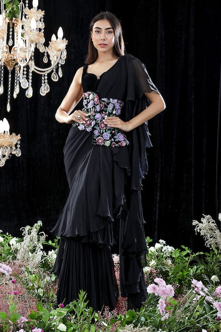 Soft Silk and Lycra Party Wear Ruffle Saree In Black Color