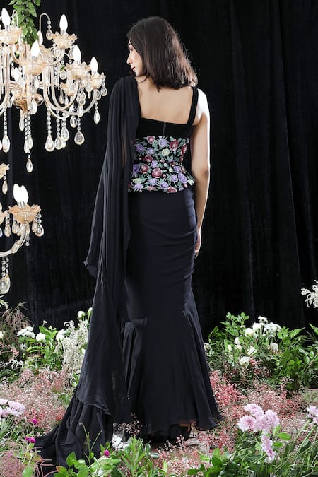 Shop_Mahima Mahajan_Black Organza, Velvet, Georgette, Celine Pre-draped Ruffle Saree With Blouse _at_Aza_Fashions