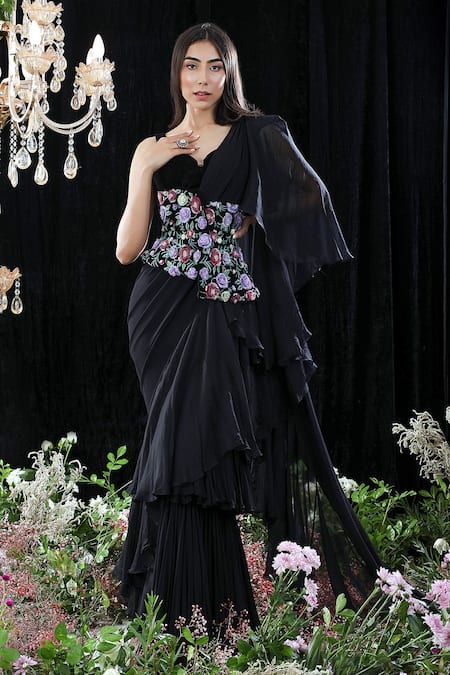 Mahima Mahajan_Black Organza, Velvet, Georgette, Celine Pre-draped Ruffle Saree With Blouse _Online_at_Aza_Fashions