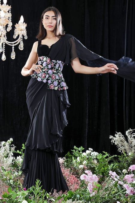 Buy_Mahima Mahajan_Black Organza, Velvet, Georgette, Celine Pre-draped Ruffle Saree With Blouse _Online_at_Aza_Fashions