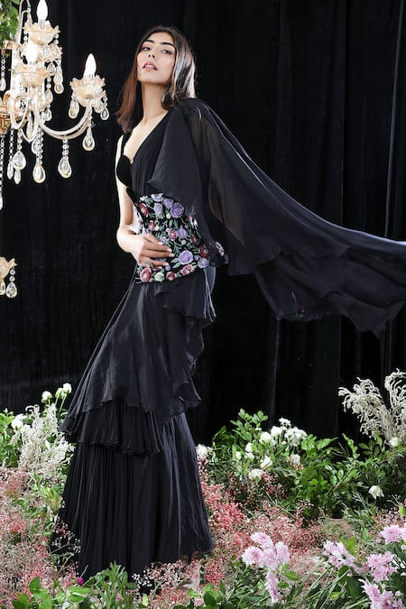 Shop_Mahima Mahajan_Black Organza, Velvet, Georgette, Celine Pre-draped Ruffle Saree With Blouse _Online_at_Aza_Fashions
