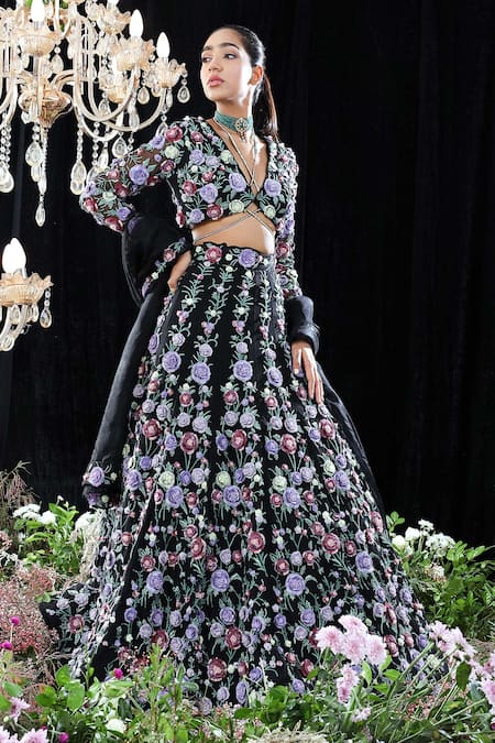 Buy_Mahima Mahajan_Black Organza, Net, Lining Shantoon Floral Margot Hand Embroidered Lehenga Set _Online_at_Aza_Fashions