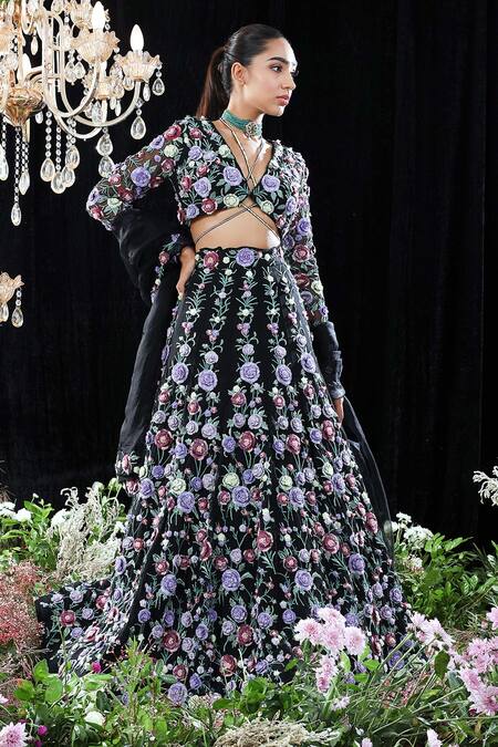 Mahima Mahajan_Black Organza, Net, Lining Shantoon Floral Margot Hand Embroidered Lehenga Set _Online_at_Aza_Fashions