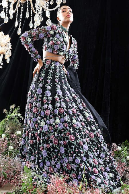 Shop_Mahima Mahajan_Black Organza, Net, Lining Shantoon Floral Margot Hand Embroidered Lehenga Set _Online_at_Aza_Fashions