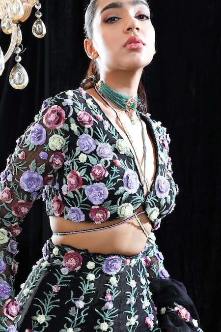 Mahima Mahajan_Black Organza, Net, Lining Shantoon Floral Margot Hand Embroidered Lehenga Set _at_Aza_Fashions
