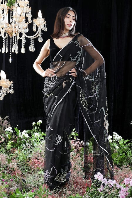 Mahima Mahajan Black Organza, Velvet, Lining Shantoon Zoe Hand Embroidered Saree With Blouse Online at Aza Fashions Mahima Mahajan_Black Organza, Velvet, Lining Shantoon Zoe Hand Embroidered Saree With Blouse _Online_at_Aza_Fashions