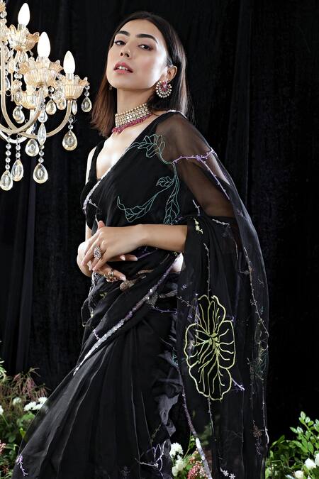 Buy Mahima Mahajan Black Organza, Velvet, Lining Shantoon Zoe Hand Embroidered Saree With Blouse Online at Aza Fashions Buy_Mahima Mahajan_Black Organza, Velvet, Lining Shantoon Zoe Hand Embroidered Saree With Blouse _Online_at_Aza_Fashions