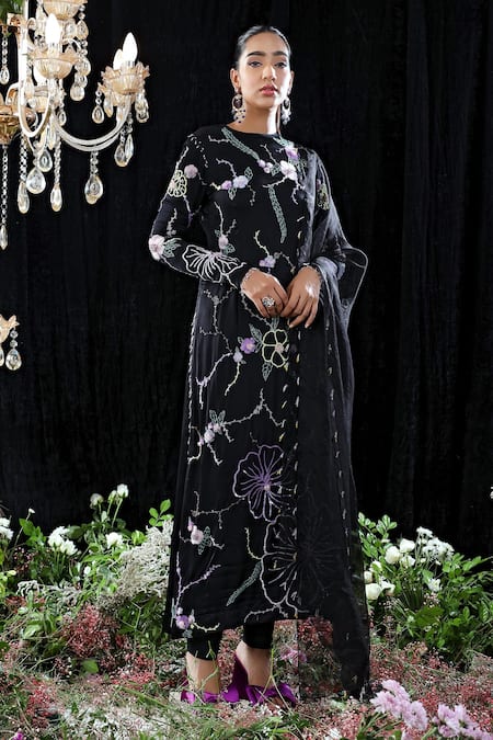Buy_Mahima Mahajan_Black Organza, Satin Organza, Cotton Lycra, Jeanne Hand Embroidered Kurta Set _Online_at_Aza_Fashions