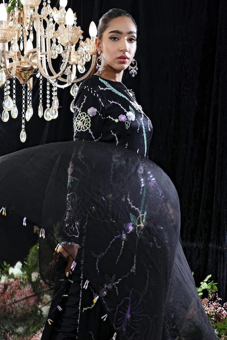 Shop_Mahima Mahajan_Black Organza, Satin Organza, Cotton Lycra, Jeanne Hand Embroidered Kurta Set _Online_at_Aza_Fashions
