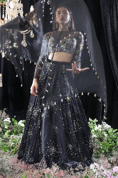 Mahima Mahajan_Black Organza, Net, Satin Organza, Lining Audrey Hand Embroidered Lehenga Set _Online_at_Aza_Fashions
