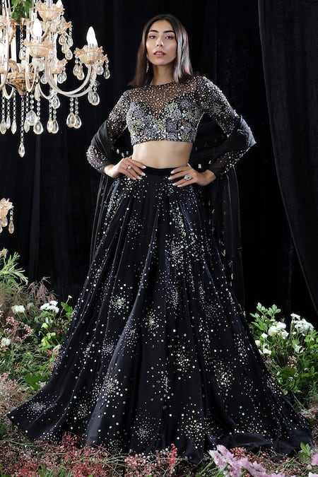 Buy_Mahima Mahajan_Black Organza, Net, Satin Organza, Lining Audrey Hand Embroidered Lehenga Set _Online_at_Aza_Fashions