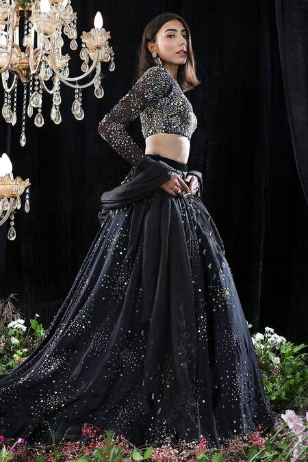 Shop_Mahima Mahajan_Black Organza, Net, Satin Organza, Lining Audrey Hand Embroidered Lehenga Set _Online_at_Aza_Fashions