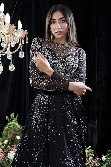 Mahima Mahajan_Black Organza, Net, Satin Organza, Lining Audrey Hand Embroidered Lehenga Set _at_Aza_Fashions