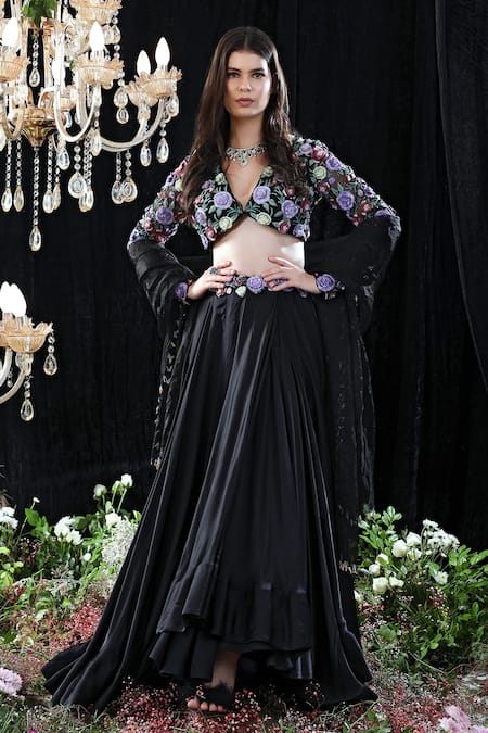 Mahima Mahajan Black Satin Organza Hand Embroidered Floral Pattern Plunge V Marie Lehenga Set 