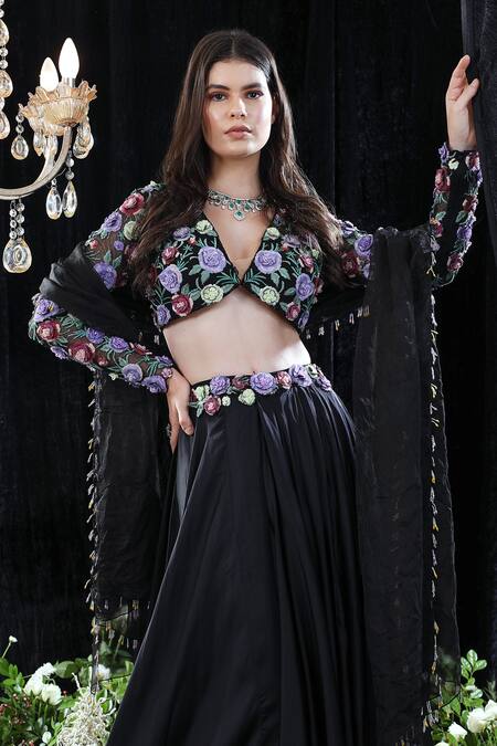 Mahima Mahajan_Black Organza, Net, Satin Organza, Lining Shantoon Floral Marie Lehenga Set _Online_at_Aza_Fashions