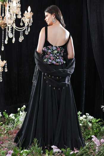 Shop Mahima Mahajan Black Organza, Satin Organza, Velvet, Lining Steph Anarkali With Dupatta at Aza Fashions Shop_Mahima Mahajan_Black Organza, Satin Organza, Velvet, Lining Steph Anarkali With Dupatta _at_Aza_Fashions