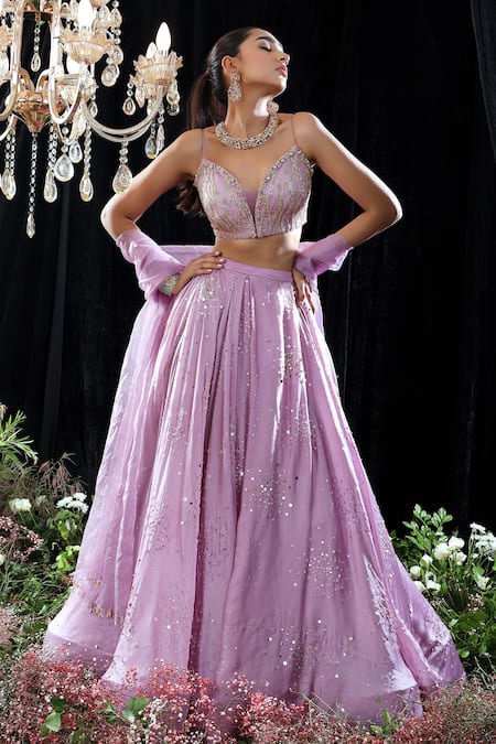 Buy_Mahima Mahajan_Purple Organza, Satin Organza, Lining Michelle Hand Embroidered Lehenga Set _Online_at_Aza_Fashions