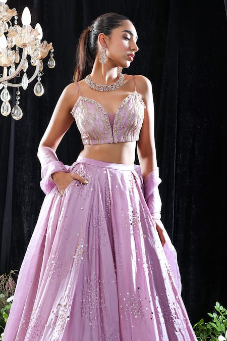 Shop_Mahima Mahajan_Purple Organza, Satin Organza, Lining Michelle Hand Embroidered Lehenga Set _Online_at_Aza_Fashions