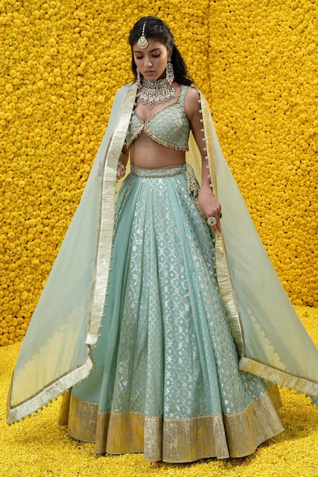 Buy_Mahima Mahajan_Blue Organza, Shantoon, Banarasi Chanderi Floral V Aashna Bridal Lehenga Set _Online_at_Aza_Fashions