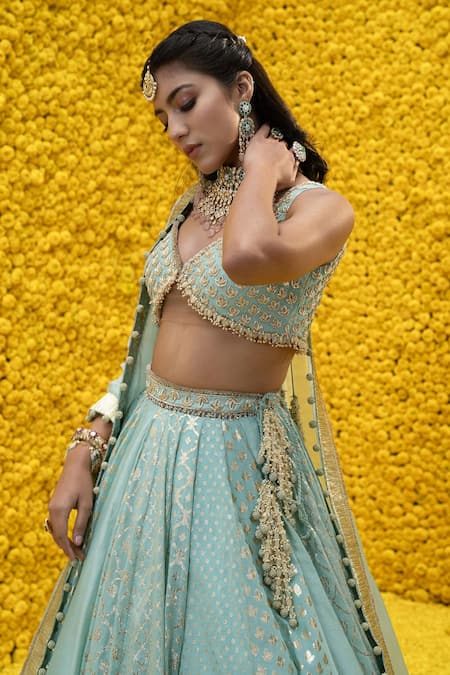 Shop_Mahima Mahajan_Blue Organza, Shantoon, Banarasi Chanderi Floral V Aashna Bridal Lehenga Set _Online_at_Aza_Fashions