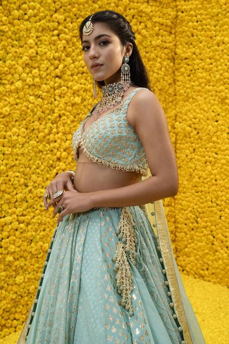 Mahima Mahajan_Blue Organza, Shantoon, Banarasi Chanderi Floral V Aashna Bridal Lehenga Set _at_Aza_Fashions