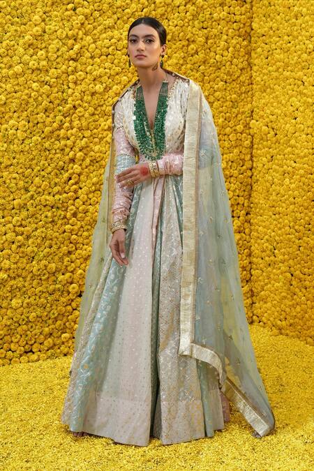 Mahima Mahajan_Multi Color Organza, Shantoon, Banarasi Chanderi Floral V Mehak Anarkali Set _Online_at_Aza_Fashions