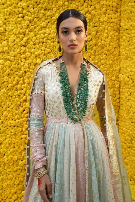 Buy_Mahima Mahajan_Multi Color Organza, Shantoon, Banarasi Chanderi Floral V Mehak Anarkali Set _Online_at_Aza_Fashions