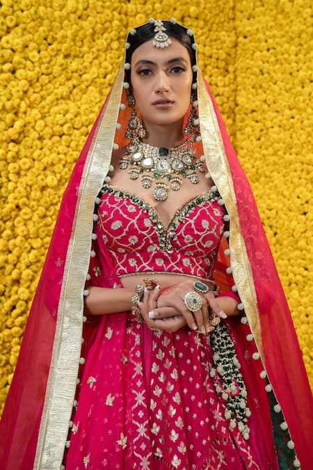Buy_Mahima Mahajan_Pink Organza, Shantoon, Banarasi Chanderi Floral Pia Bridal Lehenga Set _Online_at_Aza_Fashions