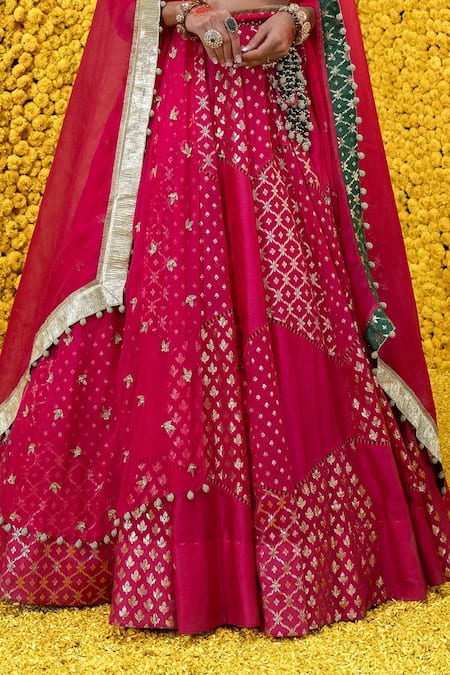 Shop_Mahima Mahajan_Pink Organza, Shantoon, Banarasi Chanderi Floral Pia Bridal Lehenga Set _Online_at_Aza_Fashions