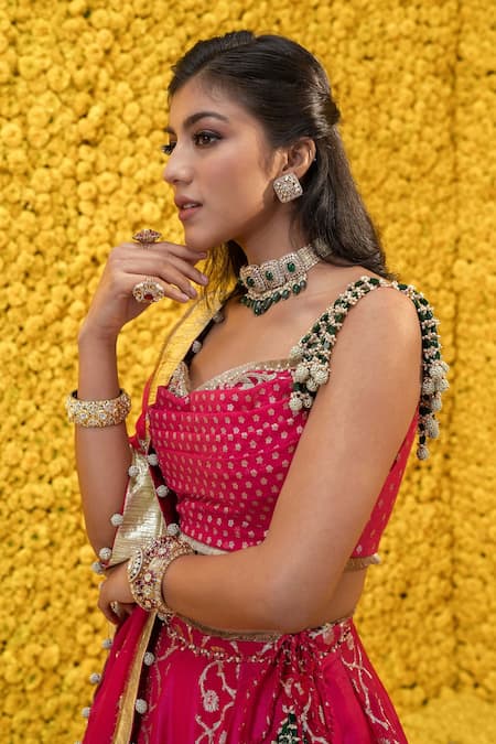 Buy_Mahima Mahajan_Pink Organza, Shantoon, Banarasi Chanderi Floral Cowl Tara Bridal Lehenga Set _Online_at_Aza_Fashions