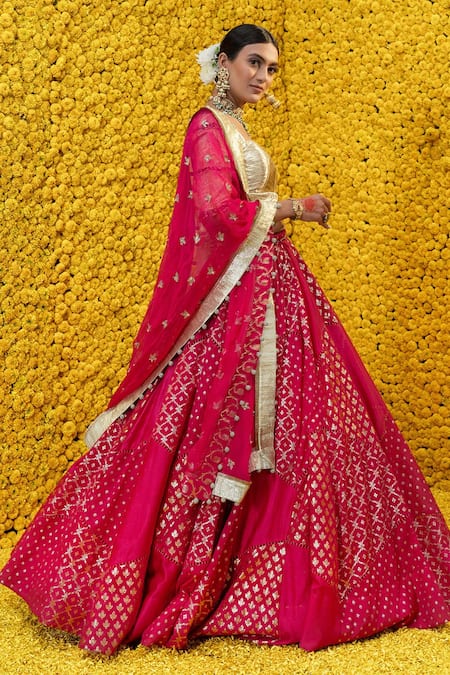 Mahima Mahajan_Pink Organza, Shantoon, Banarasi Chanderi Floral Sona Bridal Lehenga Set _Online_at_Aza_Fashions