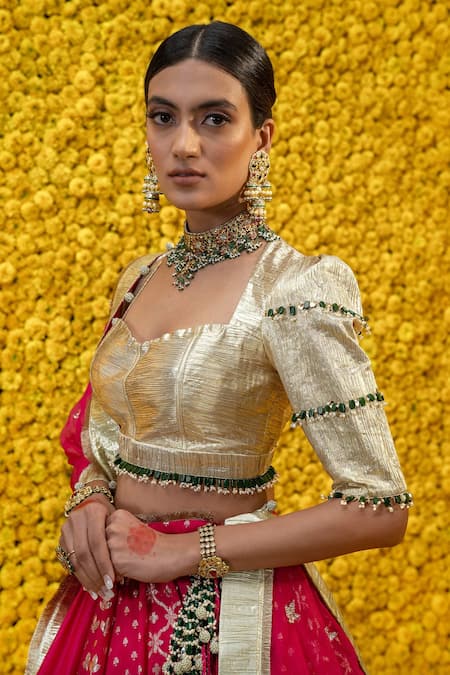 Buy_Mahima Mahajan_Pink Organza, Shantoon, Banarasi Chanderi Floral Sona Bridal Lehenga Set _Online_at_Aza_Fashions