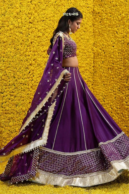 Mahima Mahajan_Purple Organza, Shantoon, Banarasi Chanderi Floral Jia Bridal Lehenga Set _Online_at_Aza_Fashions